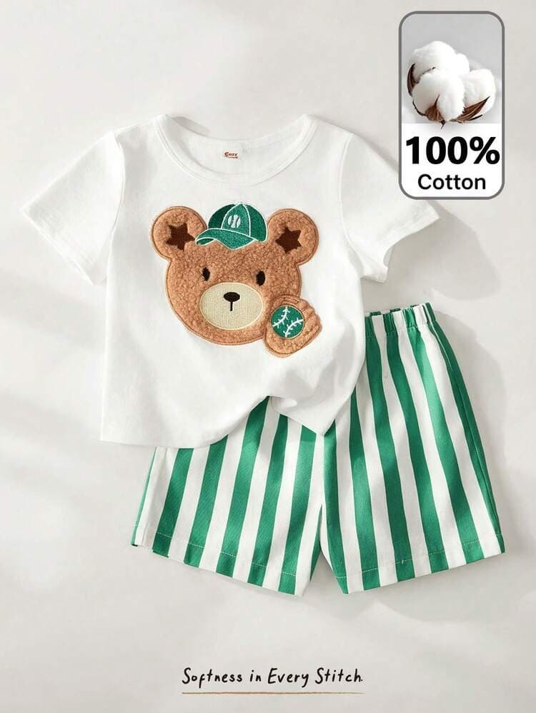 طقم Cozy Pixies: توب دببة محبوك وشورت مخطط